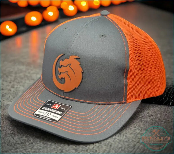 Custom Leatherette Patch Trucker Hats - Orange with Black