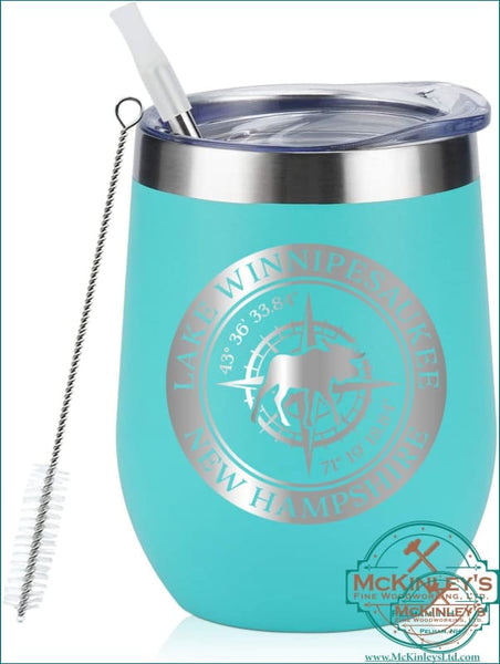 Personalized Wine Glass Tumbler - Aqua / Lake Winni Compass